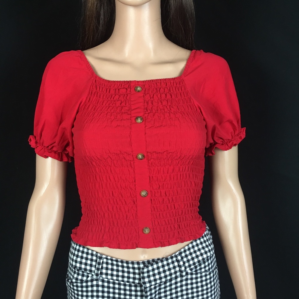 Red Ruffled Square Neck Puff Sleeve Top - Picture 2 of 9